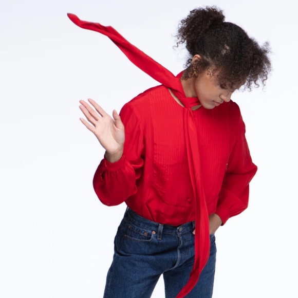 Vintage ADOLFO 100% Silk Cherry Red Tie Neck Long Sleeve Blouse Size Small - Picture 9 of 11